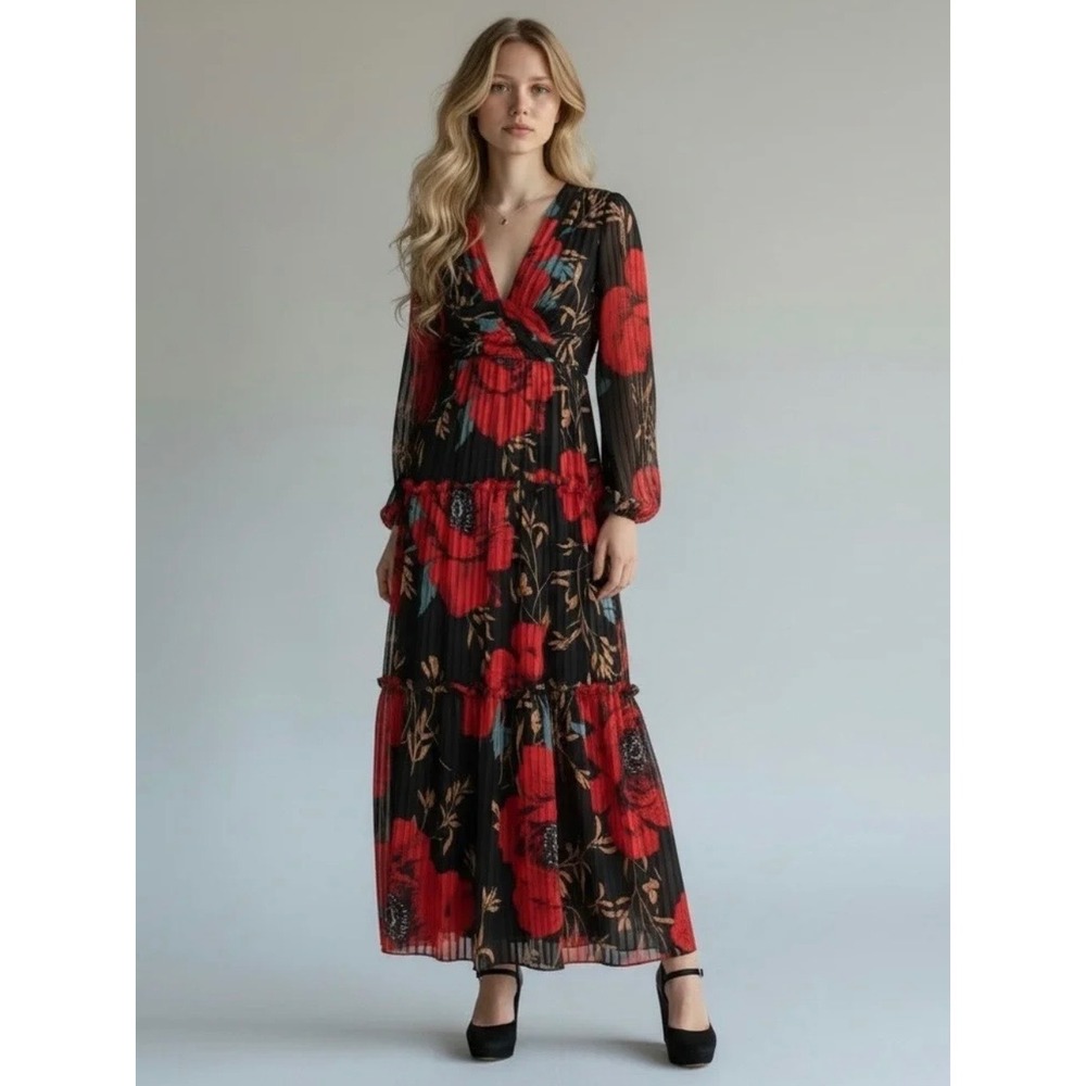 Lini Womens XS Black Red Poppy Floral Pleated Chiffon Tiered Maxi Dress